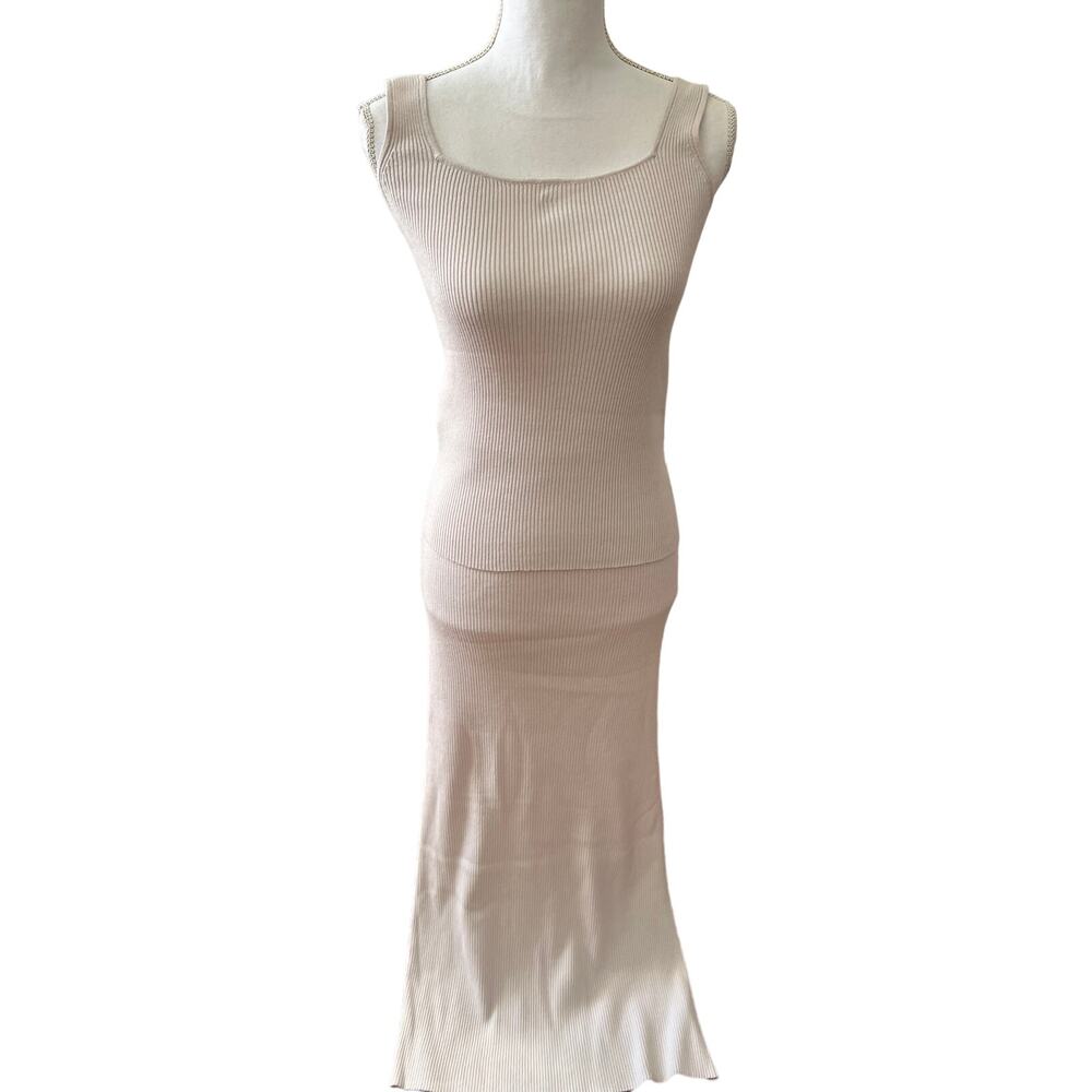 Splendid Ribbed Knit Maxi Double Slit Skirt & Tank Top Set Ecru M